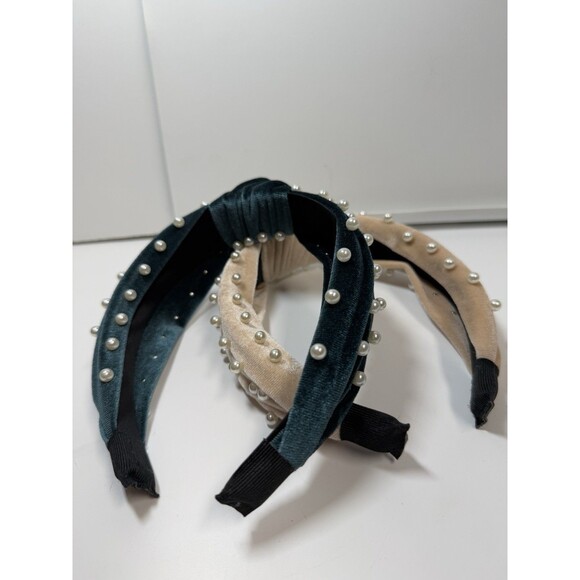Velvet Top Knot Faux Pearl Embellished Headband Bundle Lot Of 2 Cream & Teal New - Picture 6 of 6